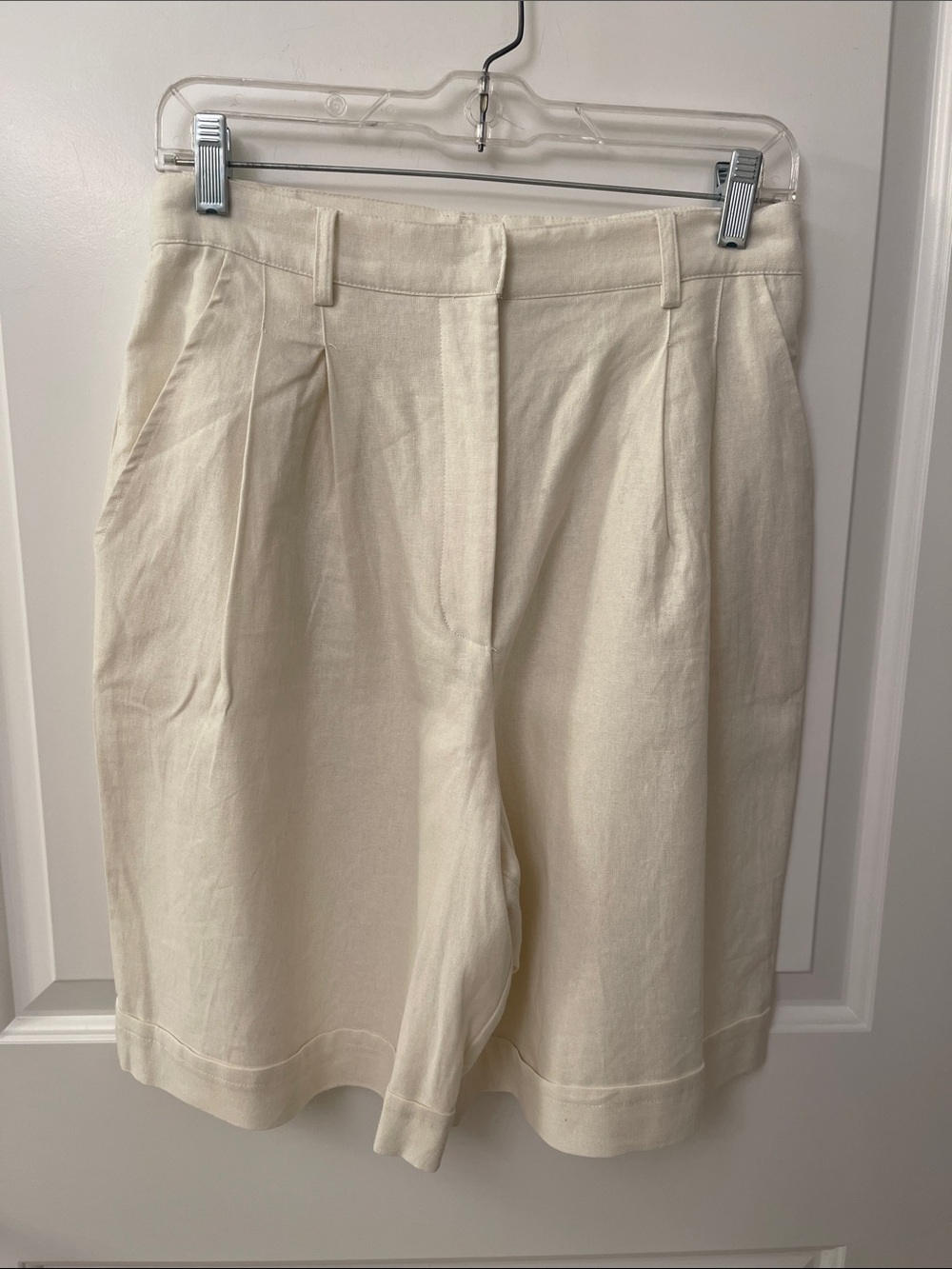High-Waist Cream Tailored Bermuda Shorts